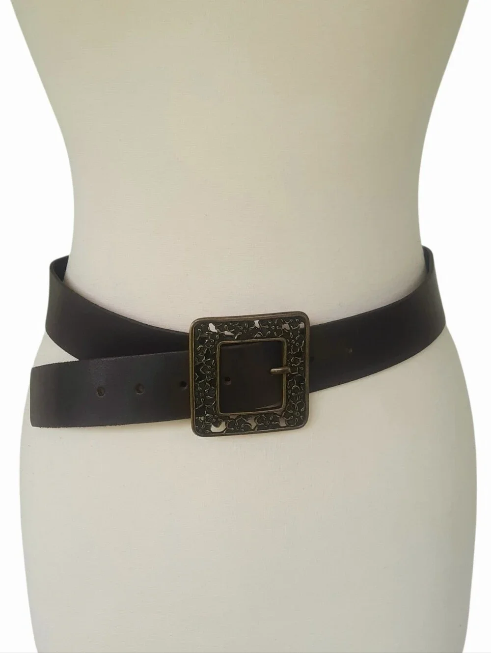 Vtg MAURICES Brown Wide Leather Belt w/Antique Brass Square Filigree Buckle Sz L